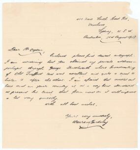 Warren Bardsley. New South Wales & Australia 1903-1926. Single page handwritten letter from Bardsley on ruled paper, dated 2nd August 1953[?]. Writing from Sydney, Bardsley is replying to a request for his autograph, but states &lsquo;I am wondering how you obt