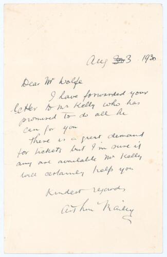 Arthur Mailey, New South Wales & Australia 1912-1930. Single page handwritten letter in ink from Mailey written on Hotel Metropole, Swansea headed note paper. Dated &lsquo;Aug 3 1930&rsquo;, the letter was written during the course of the tour match against Glamorgan