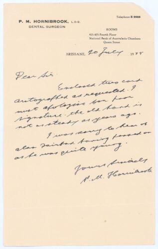 Percival Mitchell &lsquo;Percy&rsquo; Hornibrook. Queensland & Australia 1919-1934. Single page handwritten letter in ink from Mailey written on his &lsquo;P.M. Hornibrook Dental Surgeon&rsquo; headed notepaper in Brisbane. Dated 20th July 1955, Hornibrook is enclosing two signe