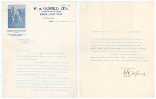 William Albert Stanley &lsquo;Bert&rsquo; Oldfield. New South Wales & Australia 1919-1938. Interesting two page typed letter from Oldfield on his &lsquo;W.A. Oldfield&rsquo; sports outlet business letterhead in Sydney, dated 17th November 1927. Addressed to &lsquo;J. Rowan&rsquo; of Buchana