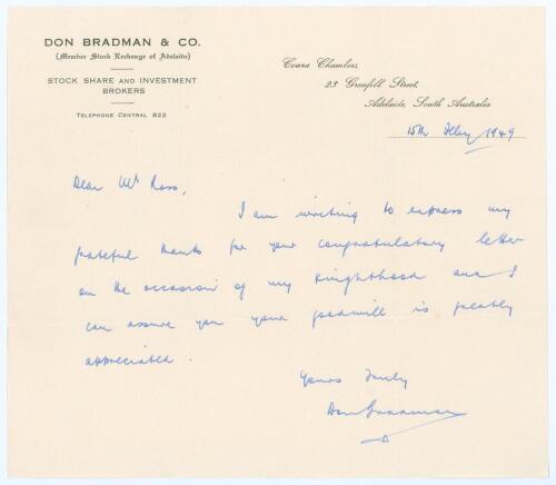 Donald George &lsquo;Don&rsquo; Bradman. New South Wales, South Australia & Australia 1927-1949. Single page handwritten letter from Bradman on his &lsquo;Don Bradman & Co. Stock, Share and Investment Brokers&rsquo; official business letterhead. Dated 15th July 1949 and addresse