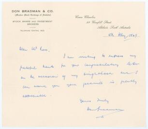 Donald George &lsquo;Don&rsquo; Bradman. New South Wales, South Australia & Australia 1927-1949. Single page handwritten letter from Bradman on his &lsquo;Don Bradman & Co. Stock, Share and Investment Brokers&rsquo; official business letterhead. Dated 15th July 1949 and addresse