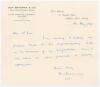 Donald George &lsquo;Don&rsquo; Bradman. New South Wales, South Australia & Australia 1927-1949. Single page handwritten letter from Bradman on his &lsquo;Don Bradman & Co. Stock, Share and Investment Brokers&rsquo; official business letterhead. Dated 15th July 1949 and addresse