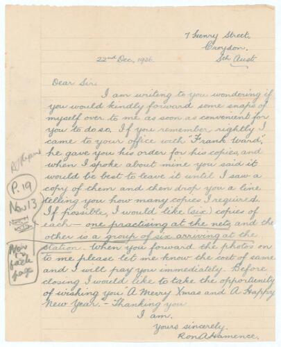 Ronald Arthur &lsquo;Ron&rsquo; Hamence. South Australia & Australia 1935-1951. Single page handwritten letter on ruled paper from Hamence. Writing from Croydon, South Australia and dated 22nd December 1936, Hamence is writing to a newspaper he had recently visited w