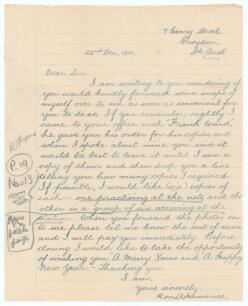 Ronald Arthur &lsquo;Ron&rsquo; Hamence. South Australia & Australia 1935-1951. Single page handwritten letter on ruled paper from Hamence. Writing from Croydon, South Australia and dated 22nd December 1936, Hamence is writing to a newspaper he had recently visited w