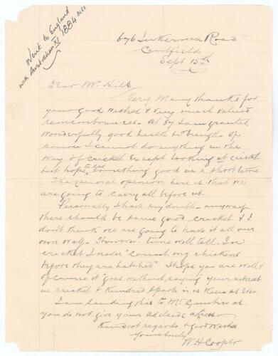 William Henry Cooper. Victoria & Australia 1878-1885. Very rare single page handwritten letter from Cooper, written on ruled paper, dated &lsquo;Sept 15th [1936]&rsquo;. Cooper is writing to &lsquo;Mr. Hill&rsquo;, being Les R. Hill, the cricket writer and collector base in Moun