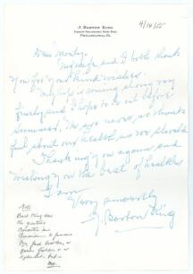 John Barton King. Philadelphia. U.S.A. 1893-1912. Handwritten single page letter in ink from Barton King to &lsquo;Dear Monty&rsquo;, thanking him for his &lsquo;kind wishes&rsquo; and reporting that his &lsquo;hip is coming along very finely&rsquo;. Nicely signed &lsquo;J. Barton King&rsquo;. Light ho