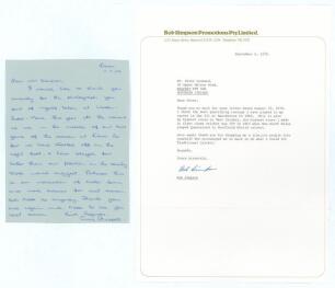 Australia. Greg Chappell and Bob Simpson. Single page handwritten letter from Greg Chappell dated 11th September 1969. Written during the final County Championship match of the season, Chappell was playing for Somerset against Kent at Dover and is pleased