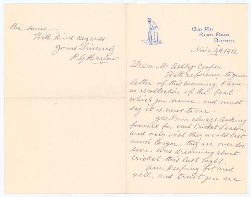 Richard Gorton &lsquo;Dick&rsquo; Barlow&rsquo;. Lancashire, Derbyshire & England 1871-1891. Two page handwritten folding letter in ink from Barlow to F.S. Ashley-Cooper. Dated 4th November 1912, on his personal letterhead in Blackpool, Barlow is replying to an enquiry abo