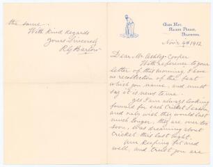 Richard Gorton &lsquo;Dick&rsquo; Barlow&rsquo;. Lancashire, Derbyshire & England 1871-1891. Two page handwritten folding letter in ink from Barlow to F.S. Ashley-Cooper. Dated 4th November 1912, on his personal letterhead in Blackpool, Barlow is replying to an enquiry abo