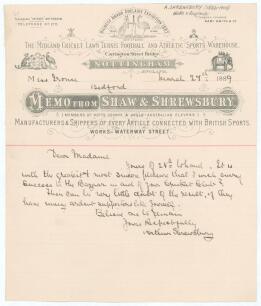 Arthur Shrewsbury. Nottinghamshire & England 1875-1902. Single page memorandum handwritten in ink by Shrewsbury on the beautifully ornate official letterhead of Shaw & Shrewsbury&rsquo;s Nottingham sports equipment business. Dated 27th March 1889, Shrewsbury is