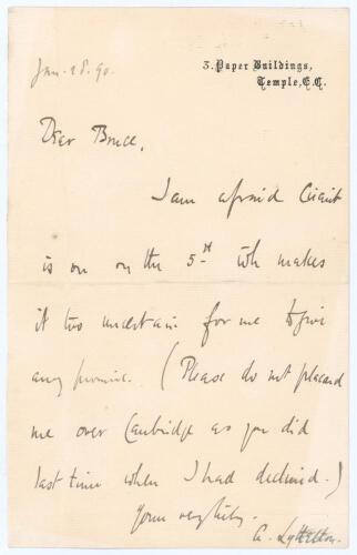 Alfred Lyttleton. Cambridge University, Middlesex & England 1876-1887. Single page letter handwritten in ink by Lyttelton to &lsquo;Dear Bruce&rsquo;, dated 28th January 1890 from his office in London. Replying to a request, presumably to attend a function, Lyttelton
