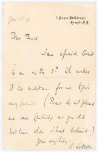 Alfred Lyttleton. Cambridge University, Middlesex & England 1876-1887. Single page letter handwritten in ink by Lyttelton to &lsquo;Dear Bruce&rsquo;, dated 28th January 1890 from his office in London. Replying to a request, presumably to attend a function, Lyttelton