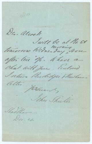 John Shuter. Kent, Surrey and England 1874-1909. Single page handwritten letter in ink from Shuter to the writer and administrator, Charles W. Alcock, dated &lsquo;Dec. 4&rsquo;, year unknown. Shuter writes to confirm his attendance &lsquo;at No. 57 tomorrow Wednesday morn