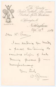 William &lsquo;Billy&rsquo; Gunn. Nottinghamshire & England 1880-1904. Single page folded letter handwritten in ink by Gunn on his official business letterhead for &lsquo;The County Cricket, Football, Lawn Tennis and British Sports Warehouse&rsquo; in Nottingham. Dated 18th Apri