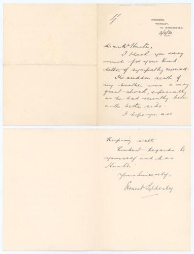 George Ernest Tyldesley. Lancashire & England 1909-1936. Two page folded letter handwritten in ink from Ernest Tyldesley to a Mr. Hunter. Dated 3rd November 1930, Tyldesley is writing to thank the correspondent &lsquo;for your kind letter of sympathy received&rsquo; 