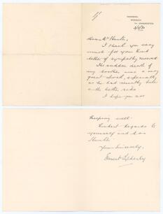 George Ernest Tyldesley. Lancashire & England 1909-1936. Two page folded letter handwritten in ink from Ernest Tyldesley to a Mr. Hunter. Dated 3rd November 1930, Tyldesley is writing to thank the correspondent &lsquo;for your kind letter of sympathy received&rsquo; 