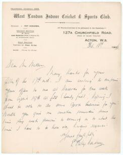 Elias Henry &lsquo;Patsy&rsquo; Hendren. Middlesex & England 1907-1937. Single page handwritten letter in ink from Hendren, dated 18th February 1926 on the official letterhead of the &lsquo;West London Indoor Cricket & Sports Club&rsquo; where Hendren was Manager. Hendren is rep