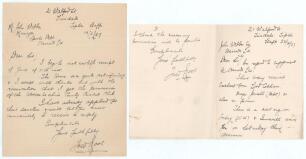 Charles Frederick &lsquo;Fred&rsquo; Root. Derbyshire, Worcestershire & England 1910-1932. Two handwritten letters in ink from Root in Tipton, Staffordshire to Mr. John Webber, Manager of the Sports Department at Harrods. In the first, a single page letter on ruled p