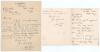 Charles Frederick &lsquo;Fred&rsquo; Root. Derbyshire, Worcestershire & England 1910-1932. Two handwritten letters in ink from Root in Tipton, Staffordshire to Mr. John Webber, Manager of the Sports Department at Harrods. In the first, a single page letter on ruled p