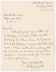 Herbert &lsquo;Bert&rsquo; Strudwick. Surrey & England 1902-1927. Single page handwritten folding letter in ink from Strudwick in London to John Webber, Manager of the Sports Department at Harrods, dated 22nd March 1927. Strudwick is replying to an invitation of empl