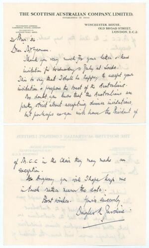 Douglas Robert Jardine. Oxford University, Surrey & England 1920-1934. Two page handwritten letter from Jardine to Ron Yeomans, collector and Secretary of the Northern Cricket Society. Written on &lsquo;The Scottish Australian Company&rsquo; official letterhead and d