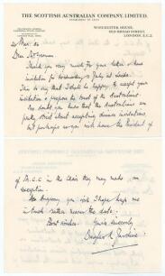 Douglas Robert Jardine. Oxford University, Surrey & England 1920-1934. Two page handwritten letter from Jardine to Ron Yeomans, collector and Secretary of the Northern Cricket Society. Written on &lsquo;The Scottish Australian Company&rsquo; official letterhead and d