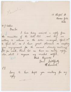 Harold Larwood. Nottinghamshire, Europeans & England 1924-1938. Single page handwritten letter in ink on ruled paper from Larwood to John Webber, Manager of the Sports Department at Harrods. The letter is undated but probably 1927. Larwood is replying to 