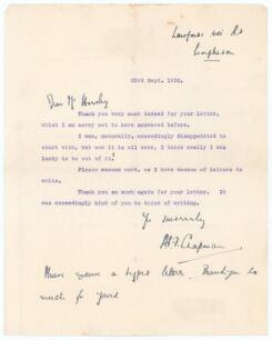 Arthur Percy Frank Chapman. Cambridge University, Kent & England 1920-1938. Single page typed letter from Chapman, hand addressed in ink to a &lsquo;Mr Hornsby&rsquo;. Chapman had been dropped as captain (and player) for the last Test of the 1930 Ashes series against