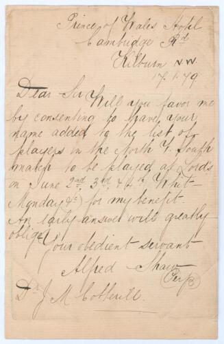 Alfred Shaw. Nottinghamshire, Sussex & England 1864-1897. Rare and early single page handwritten letter from Shaw to J.M. Cotterill (Sussex 1870-1888), dated 17th January 1879. Shaw is inviting Cotterill to play in his benefit match, &lsquo;Will you favor me by
