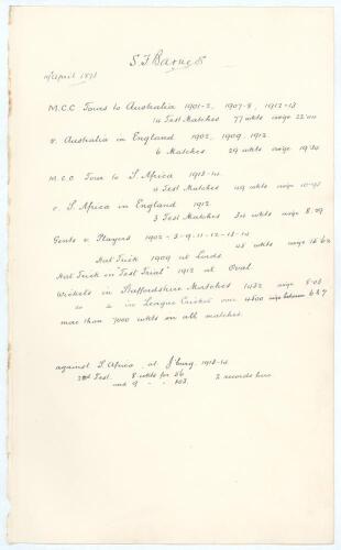 Sydney Francis Barnes, Warwickshire, Lancashire, Staffordshire, England & Wales 1894-1930. Large sheet of &lsquo;ledger&rsquo; size paper (9.5&rdquo;x15.5&rdquo;) very nicely signed to the top of the page in ink by Barnes, he has then proceeded to write his date of birthday &lsquo;19t