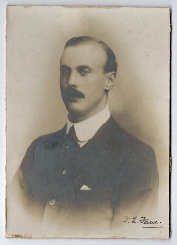 Frederick Luther Fane. Essex, London County & England 1895-1922. Excellent studio portrait of Fane taken on the M.C.C. tour of Australia in 1907/08. Fane is pictured wearing suit and tie. The photograph nicely signed in black ink by Fane to the image. The
