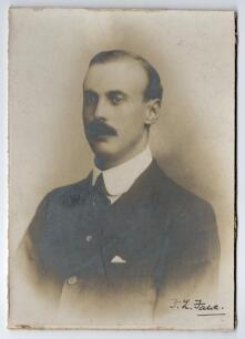 Frederick Luther Fane. Essex, London County & England 1895-1922. Excellent studio portrait of Fane taken on the M.C.C. tour of Australia in 1907/08. Fane is pictured wearing suit and tie. The photograph nicely signed in black ink by Fane to the image. The