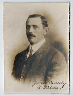 Arthur Fielder. Kent & England 1900-1914. Excellent studio portrait of Fielder taken on the M.C.C. tour of Australia in 1907/08. Fielder is pictured wearing suit and tie. The photograph nicely signed in black ink by Fielder &lsquo;yours sincerely&rsquo; to the image.