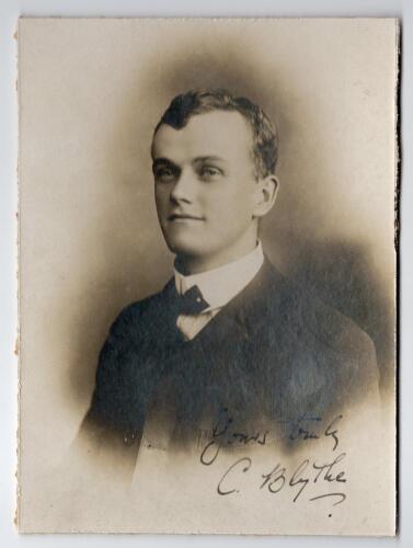 Colin Blythe. Kent & England 1899-1914. Excellent studio portrait of Blythe taken on the M.C.C. tour of Australia in 1907/08. Blythe is pictured wearing suit and tie. The photograph nicely signed in black ink by Blythe &lsquo;yours truly&rsquo; to the image. The phot