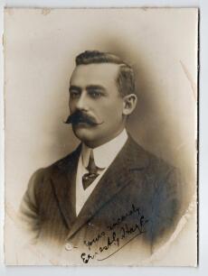 Ernest George Hayes. Surrey, Leicestershire & England 1896-1926. Excellent studio portrait of Hayes taken on the M.C.C. tour of Australia in 1907/08. Hayes is pictured wearing suit and tie. The photograph nicely signed in black ink by Hayes &lsquo;yours sincere