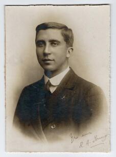 Richard Alfred Young. Sussex & England 1905-1925. Excellent studio portrait of Young taken on the M.C.C. tour of Australia in 1907/08. Young is pictured wearing suit and tie. The photograph nicely signed in black ink by Young &lsquo;yours ever&rsquo; to the image. Th