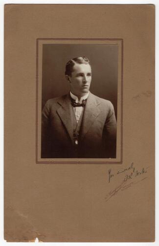 Frank Rowbotham Foster. Warwickshire & England 1908-1914. Exquisite studio portrait of Foster taken on the M.C.C. 1911/12 tour of Australia. Foster is pictured wearing suit and tie. The photograph, laid down to official photographers mount, by T. Humphrey