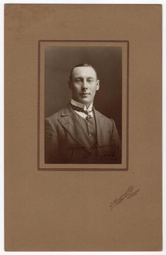 Charles Philip Mead. Hampshire & England 1905-1936. Exquisite studio portrait of Mead taken on the M.C.C. 1911/12 tour of Australia. Mead is pictured wearing suit and tie. The photograph, laid down to official photographers mount, by T. Humphrey & Co, 264