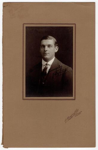 John William Hitch. Surrey & England 1907-1925. Exquisite studio portrait of Hitch taken on the M.C.C. 1911/12 tour of Australia. Hitch is pictured wearing suit and tie. The photograph, laid down to official photographers mount, by T. Humphrey & Co, 264 C