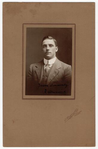 Herbert Strudwick. Surrey & England 1902-1927. Exquisite studio portrait of Strudwick taken on the M.C.C. 1911/12 tour of Australia. Strudwick is pictured wearing suit and tie. The photograph, laid down to official photographers mount, by T. Humphrey & Co
