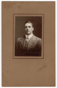 Herbert Strudwick. Surrey & England 1902-1927. Exquisite studio portrait of Strudwick taken on the M.C.C. 1911/12 tour of Australia. Strudwick is pictured wearing suit and tie. The photograph, laid down to official photographers mount, by T. Humphrey & Co