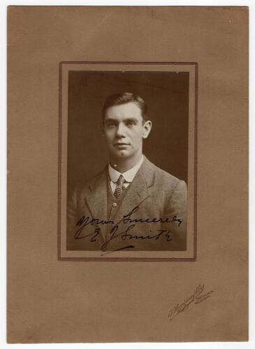 Ernest James &lsquo;Tiger&rsquo; Smith. Warwickshire & England 1904-1930. Exquisite studio portrait of Smith taken on the M.C.C. 1911/12 tour of Australia. Smith is pictured wearing suit and tie. The photograph, laid down to official photographers mount, by T. Humphr