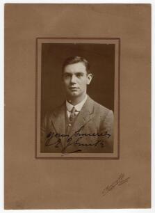 Ernest James &lsquo;Tiger&rsquo; Smith. Warwickshire & England 1904-1930. Exquisite studio portrait of Smith taken on the M.C.C. 1911/12 tour of Australia. Smith is pictured wearing suit and tie. The photograph, laid down to official photographers mount, by T. Humphr