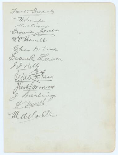 Australian tour of England 1899. Large album page very nicely signed in ink by thirteen members of the Australian touring party to England. Signatures are Joe Darling (Cpt), Iredale, Victor Trumper, Gregory, E. Jones, Howell, McLeod, Laver, Kelly, Johns, 