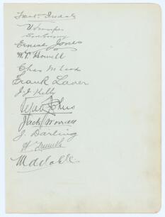 Australian tour of England 1899. Large album page very nicely signed in ink by thirteen members of the Australian touring party to England. Signatures are Joe Darling (Cpt), Iredale, Victor Trumper, Gregory, E. Jones, Howell, McLeod, Laver, Kelly, Johns, 