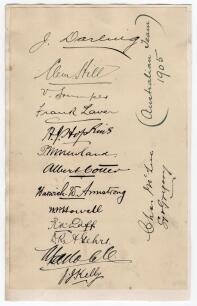 Australian tour of England 1905. Large album page beautifully signed in black ink by all fifteen playing members of the Australia touring party. The signatures are Joe Darling (Captain), Hill, Trumper, Laver, Hopkins, Newland, Cotter, Armstrong, Howell, D