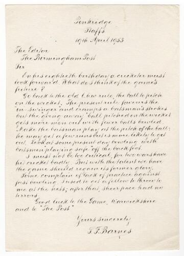 Sydney Francis Barnes, Warwickshire, Lancashire, Staffordshire, England & Wales 1894-1930. &lsquo;80th Birthday&rsquo; 1953. Handwritten one page letter from Barnes to &lsquo;The Editor of the Birmingham Post&rsquo; on the occasion of his 80th Birthday. The letter, dated on his 