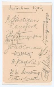 Australian tour of England 1909. Album page signed in pencil by twelve members of the Australia touring party. The signatures are Hartigan, Ransford, Trumper, Gregory, O&rsquo;Connor, Whitty, Hopkins, Armstrong, Cotter, Bardsley, McAllister and Carter. Handwrit