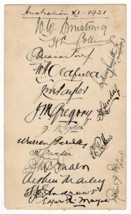 Australian tour of England 1921. Album page very nicely signed in ink by all seventeen members of the Australia touring party. The signatures are Warwick Armstrong (Captain), Collins, Macartney, Oldfield, Taylor, Gregory, Ryder, Bardsley, Carter, McDonald